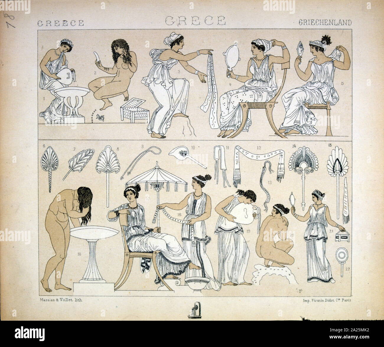 Ilustración mostrando el Griego coiffure, maquillaje, y artículos de higiene personal para la mujer en la antigua Grecia. Siglo xix Foto de stock