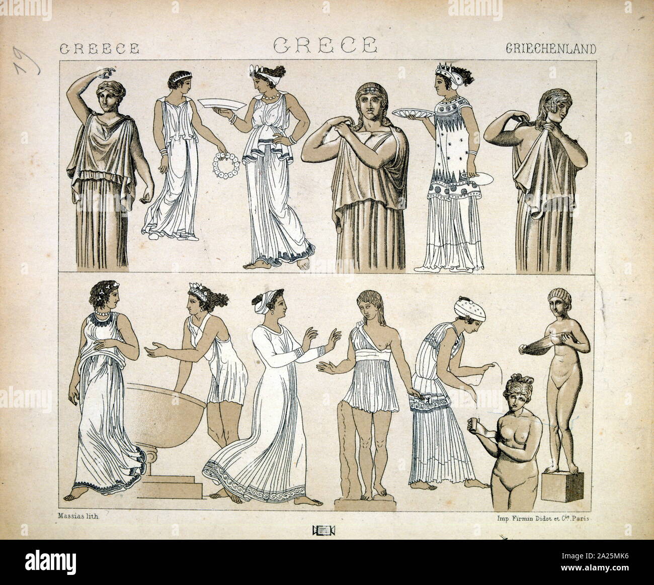 Ilustración mostrando griego de moda para la mujer en la antigua Grecia. Siglo xix Foto de stock