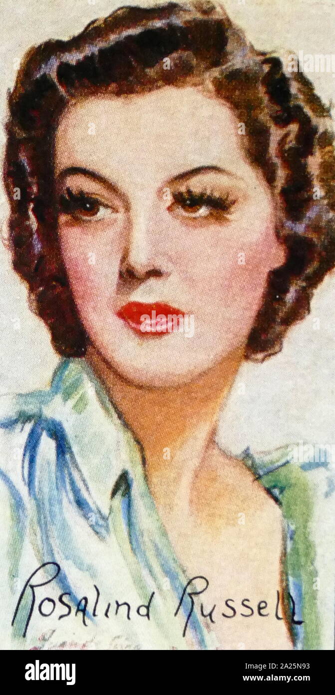 Tarjeta de cigarrillos del jugador representando Rosalind Russell. Catherine Rosalind Russell (1907-1976), una actriz, actor, guionista y cantante. Foto de stock