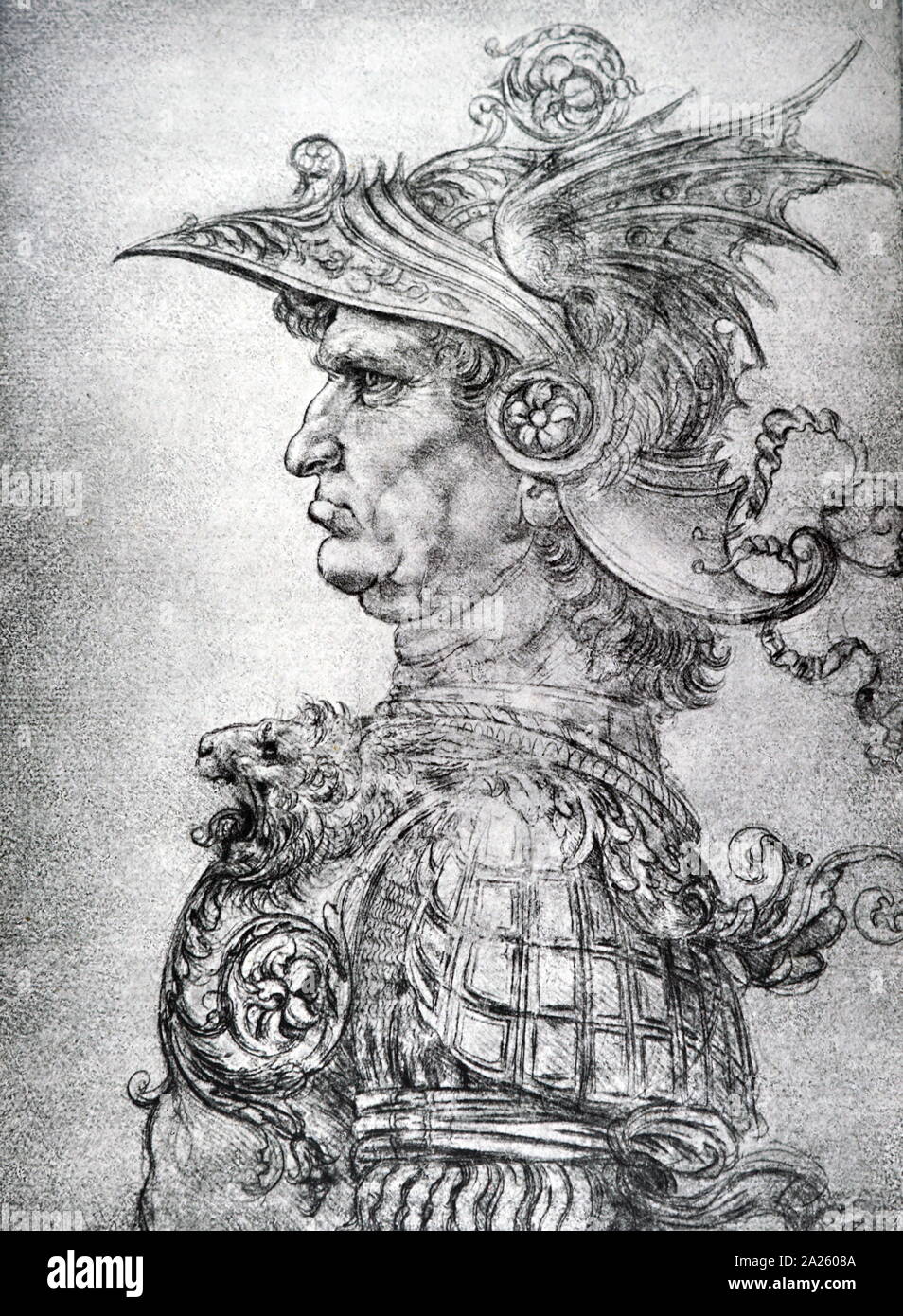 Dibujo que representa un antiguo guerrero, y brown silverpoint chalk, circa 1475. Por Leonardo da Vinci (1452-1519), artista italiano y erudito Fotografía de stock - Alamy Dibujo que representa un antiguo guerrero, y brown silverpoint chalk, circa 1475. Por Leonardo da Vinci (1452-1519), artista italiano y erudito Fotografía de stock - Alamy