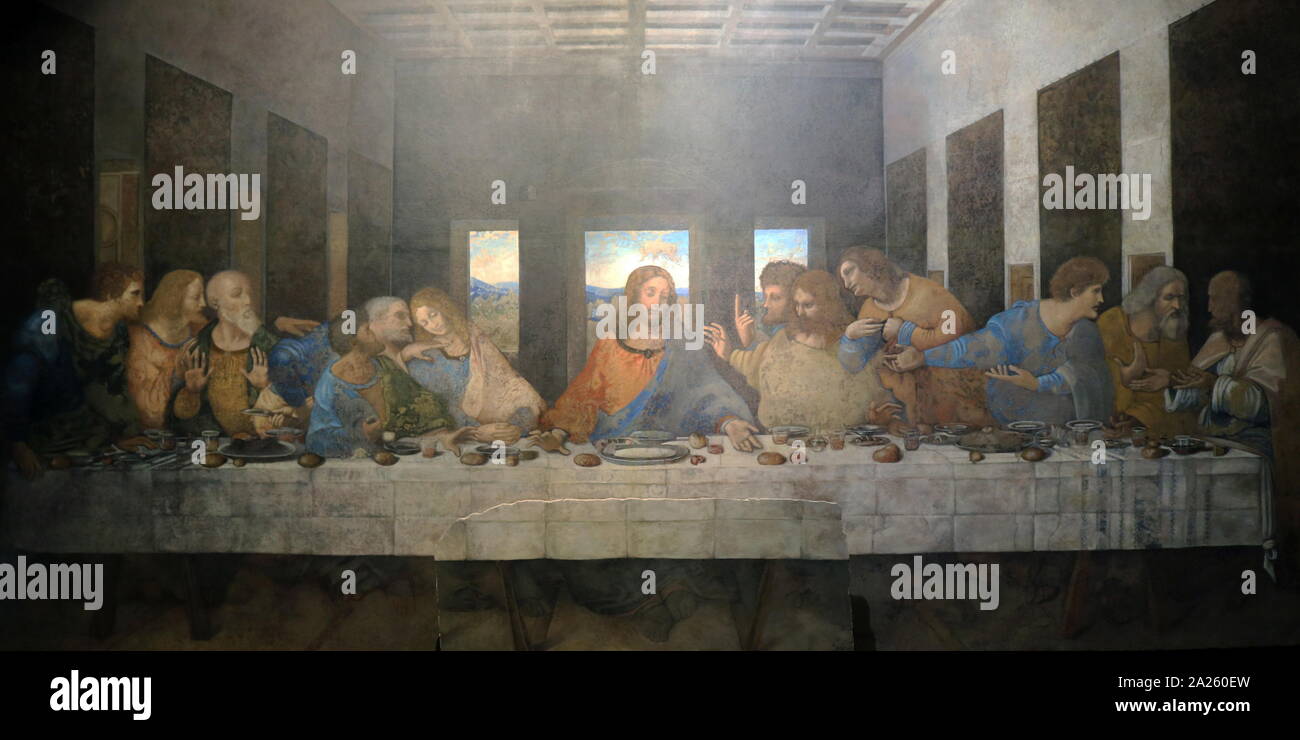 La última cena, una pintura mural del artista italiano Leonardo da Vinci Foto de stock