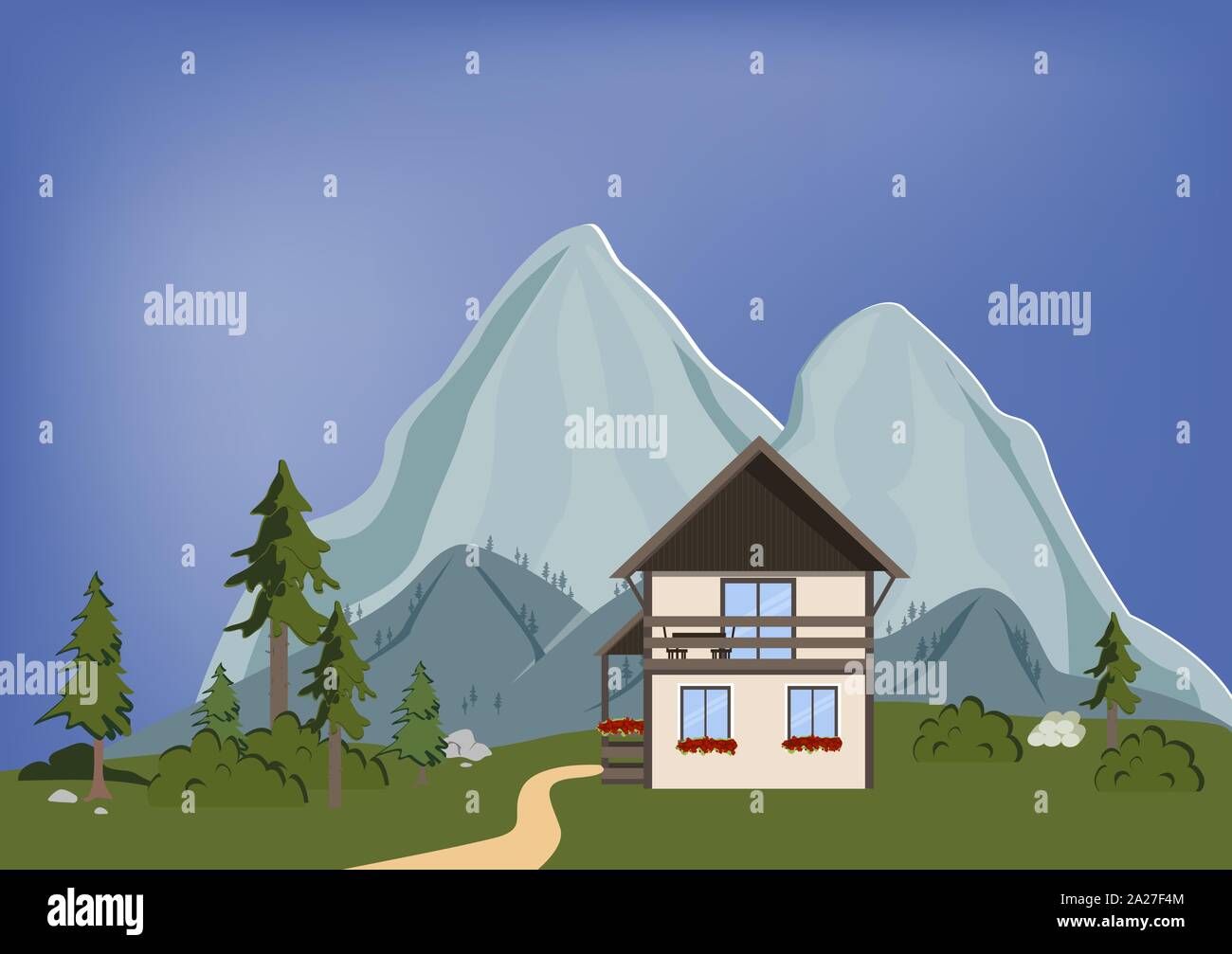 Paisaje de montaña con casas y árboles. Fondo nacional de verano.  Ilustración vectorial. Vida salvaje Imagen Vector de stock - Alamy