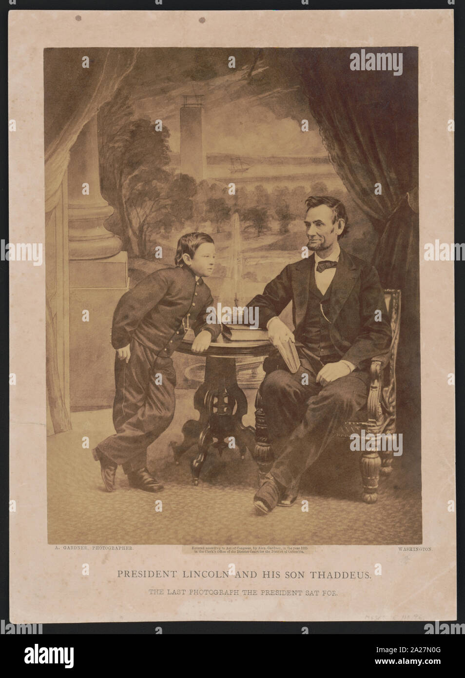 El presidente Lincoln y su hijo Tadeo. La última fotografía del presidente sat para / A. Gardner, fotógrafo, Washington. Foto de stock