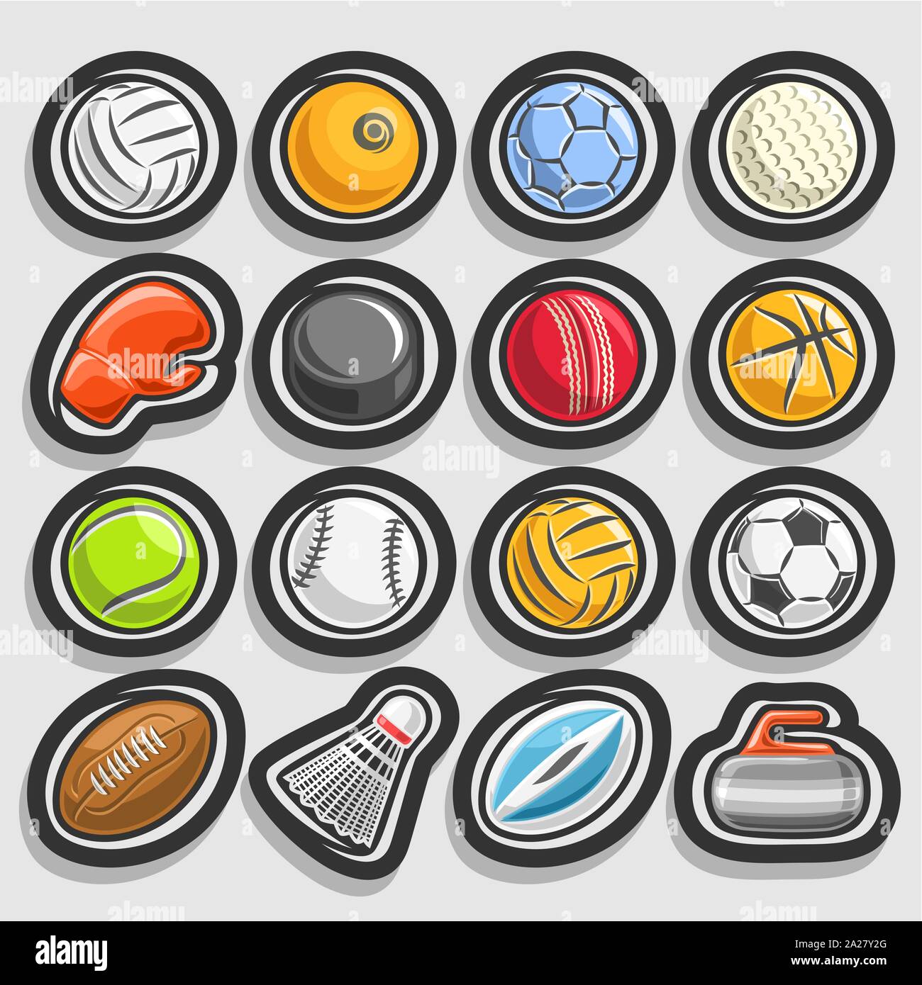 Vector conjunto de balones deportivos, colección de juegos y equipos deportivos, pelotas de diferentes tipos de deportes, boxeo, hockey puck, badminton cerrar Ilustración del Vector