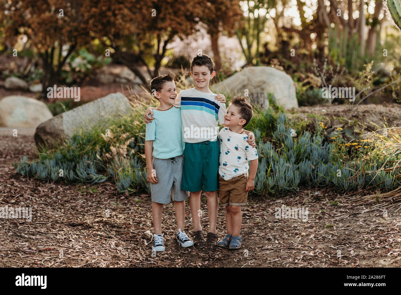 Retrato de tres hermanos sonriendo a uno y otro en el jardín de cactus Foto de stock