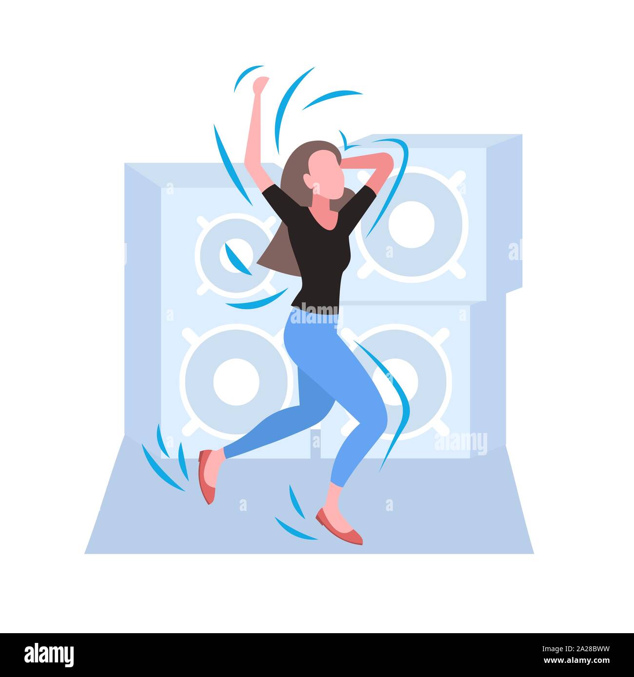 Mujer bailando bailarina disfruta de fiesta chica divirtiéndose hi-fi audio  altavoces planos de fondo longitud completa ilustración vectorial Imagen  Vector de stock - Alamy