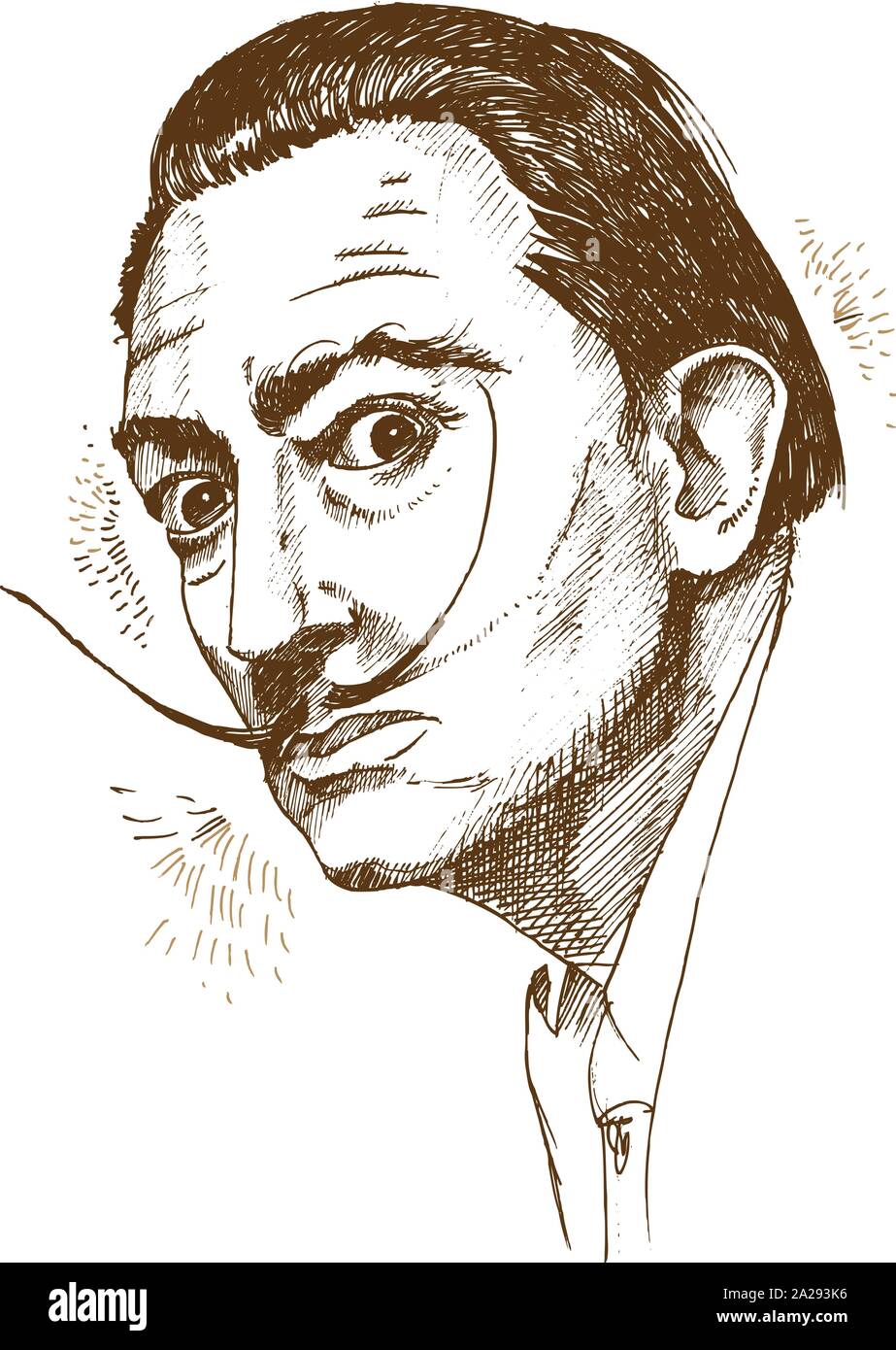 Dibujadas a mano retrato de Salvador Dalí y la ilustración. Ilustración del Vector