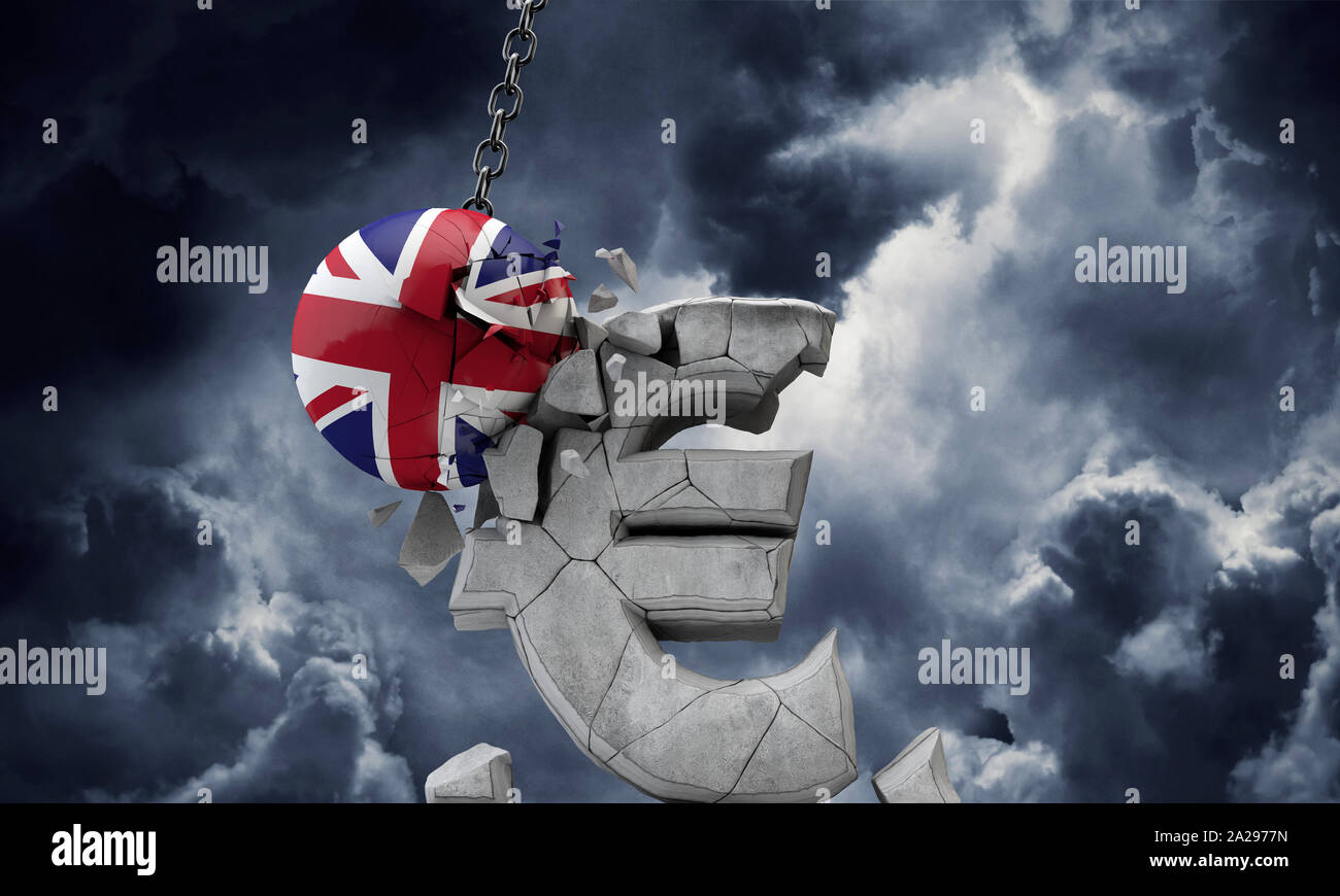 Bola de bandera británica smashing una Unión símbolo de moneda de Euro. 3D Render Foto de stock
