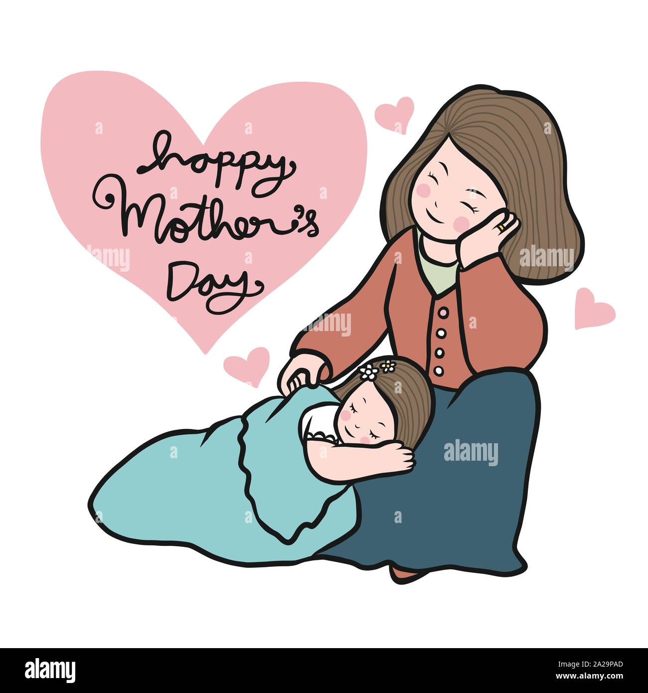 Hija durmiendo con mamá, dibujo vectorial de dibujos animados del Feliz día  de la Madre Imagen Vector de stock - Alamy