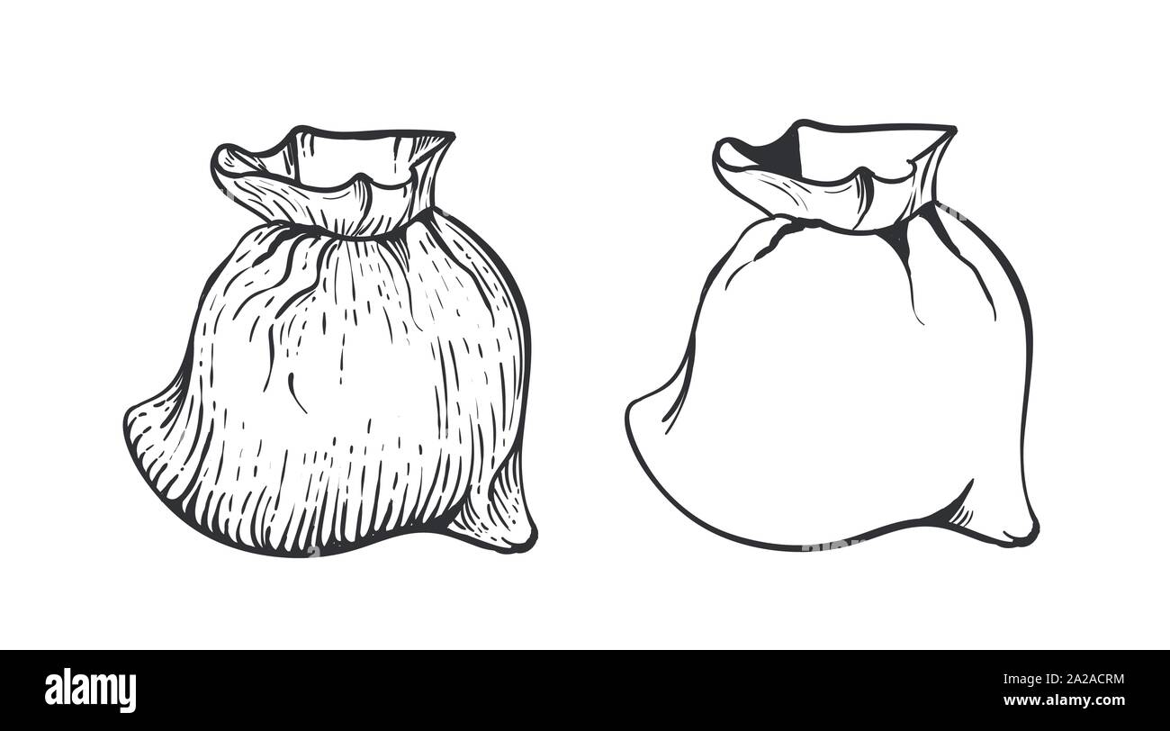 Dos bolsas de arpillera con harina o azúcar sobre fondo blanco. Dibujar a mano ilustración vectorial en estilo de grabado Ilustración del Vector