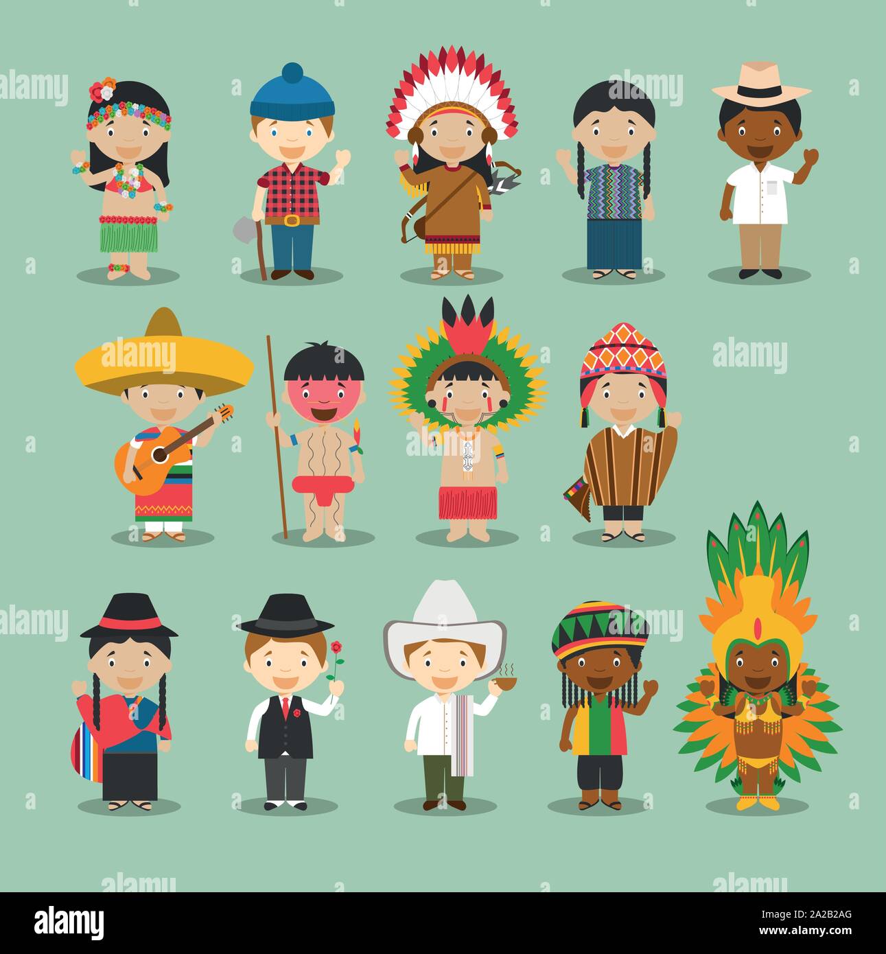 Los niños y las nacionalidades del mundo: América vector Set 4. Conjunto de 14 personajes vestidos con trajes nacionales diferentes. Ilustración del Vector