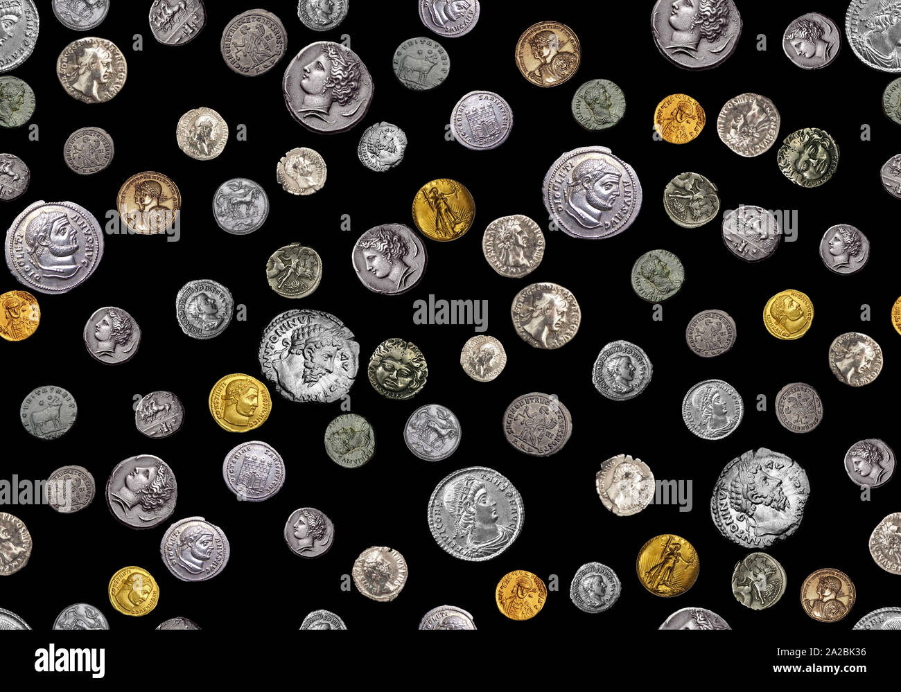 Color perfecta monedas antiguas patrón con fondo negro para impresión textil. Foto de stock