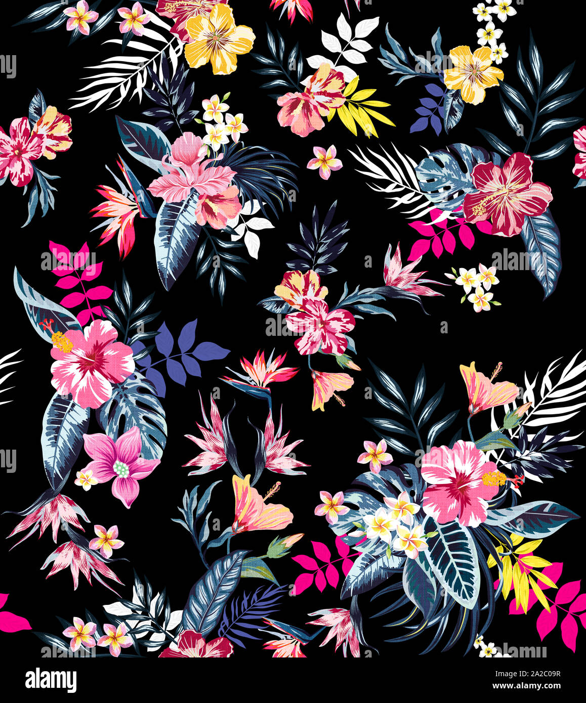 Flores Tropicales De Color Perfecta Para Textiles Retro Al Estilo Hawaiano Arreglos Florales Estilo Vintage Con Fondo Negro Fotografia De Stock Alamy