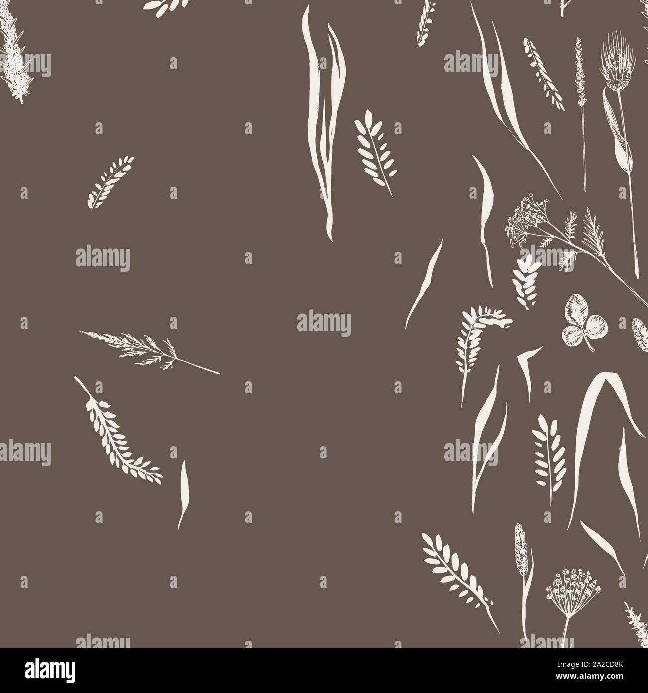 Hierbas silvestres y flores en seamless pattern sobre fondo oscuro. Campos de hierbas son en estilo de grabado Ilustración del Vector