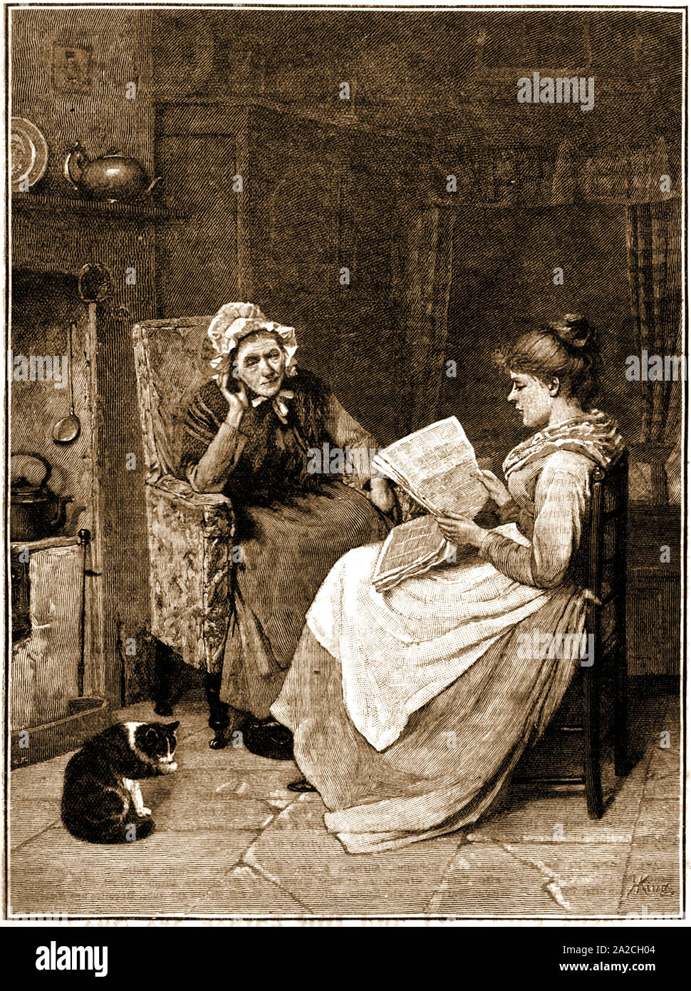 Buenas noticias desde el frente (Guerra de los Bóers) 1800 ilustración - una hija lee las noticias sobre la guerra parcialmente sordo a su anciana madre en una pequeña cabaña con una estufa a leña abierta y una cama. Foto de stock