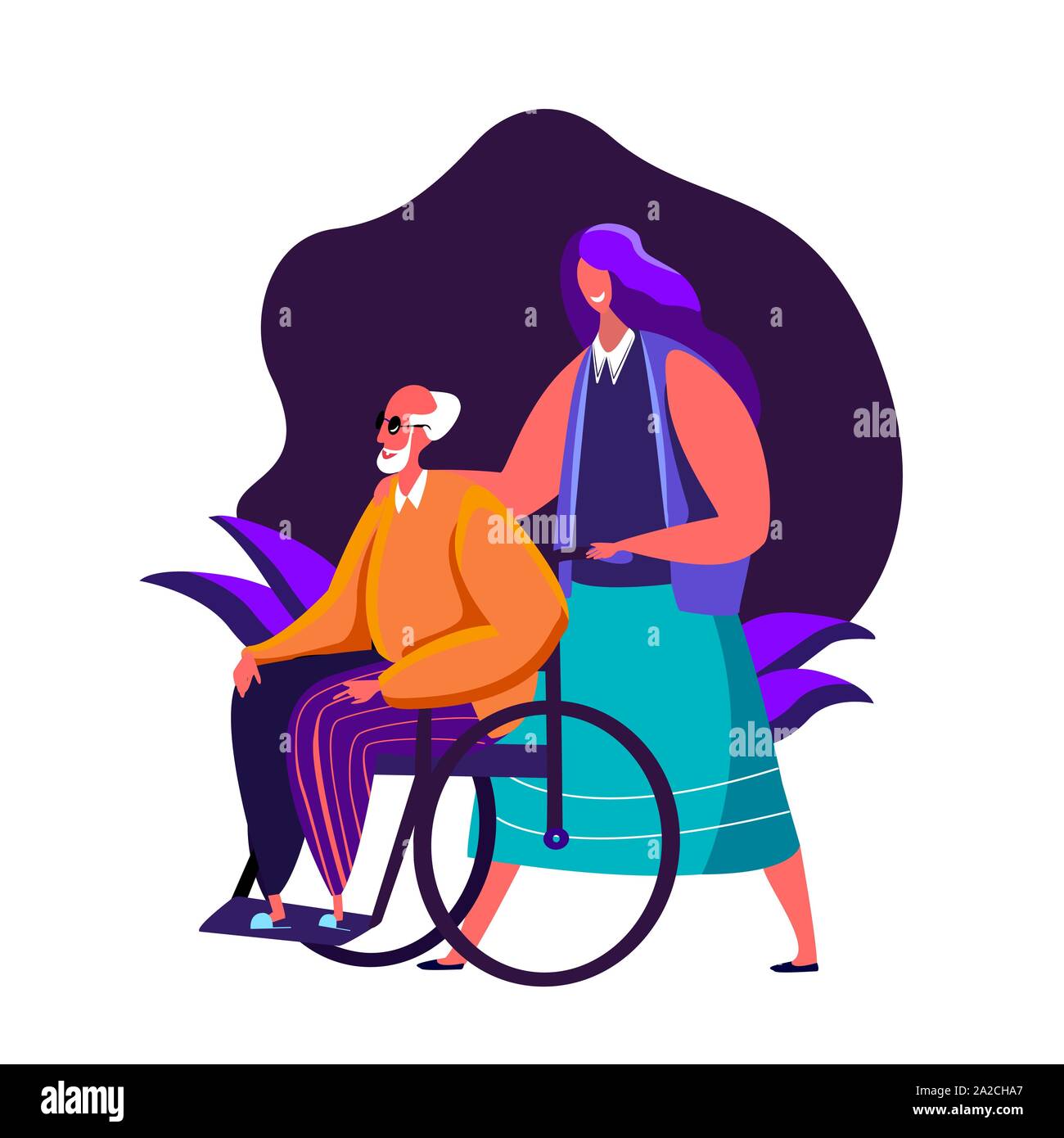 Amar hija o un nieto camina wid su viejo padre o abuelo discapacitados en silla de ruedas tocando su hombro Ilustración del Vector