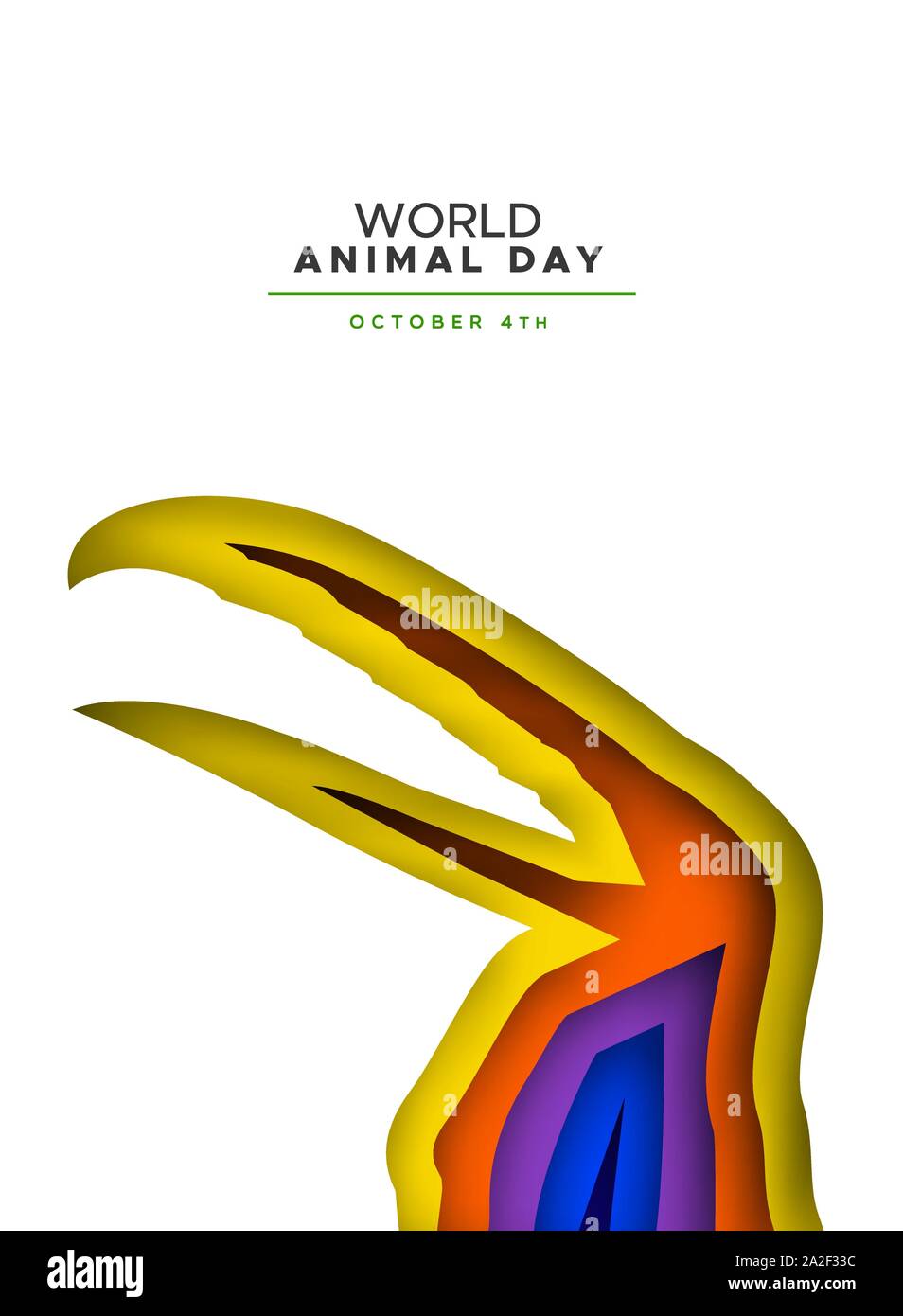 Día mundial de los animales papercut ilustración de coloridas aves tucán capas de recorte. Concepto de conservación de especies en peligro de extinción, la protección de la vida silvestre de vacaciones Ilustración del Vector