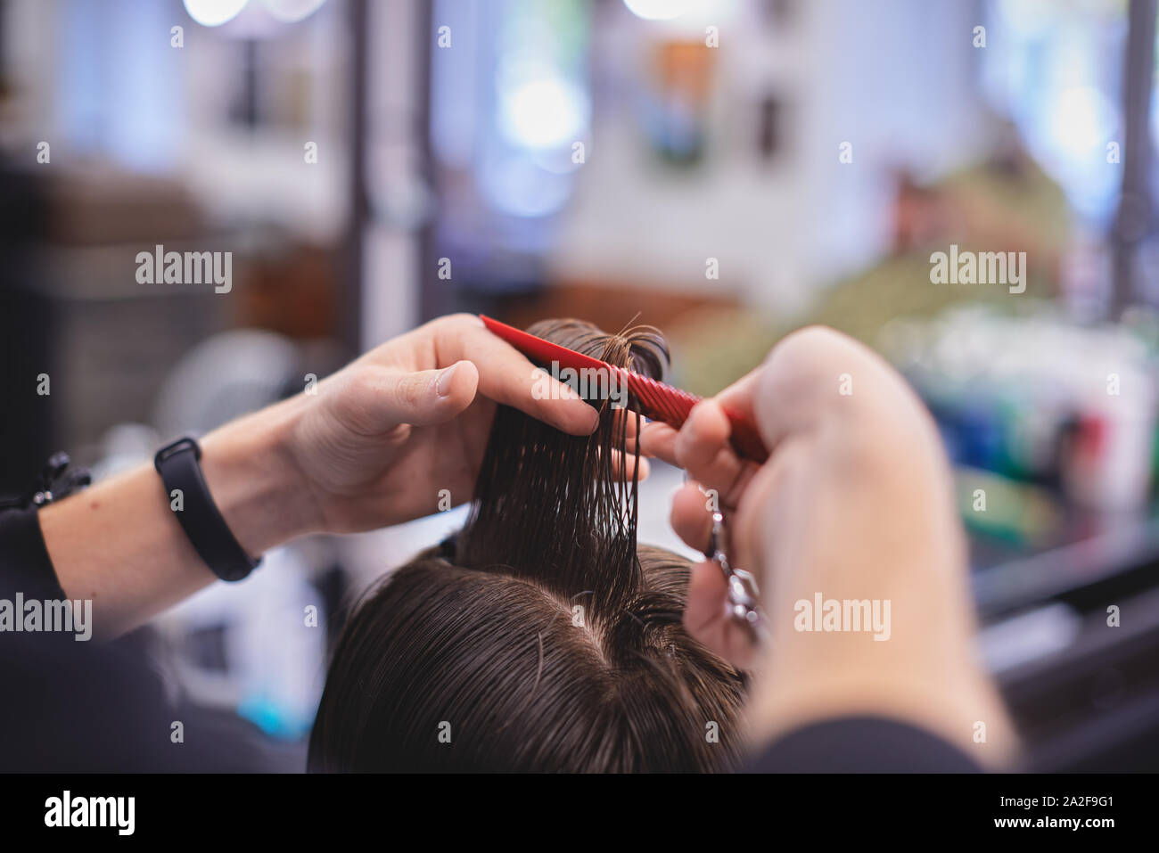 Los hombres de barba y pelo peinado en el barbershop. Cuidado del cabello. Foto de stock
