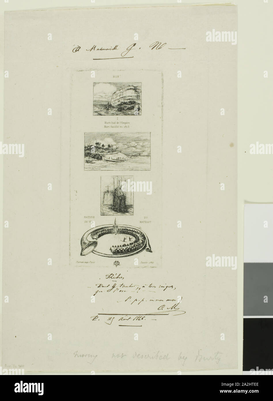 Rebus: 'No, Morny no está muerto para él es casarse de nuevo", de enero de 1866, Charles Meryon (Francés, 1821-1868), impreso por Pierron (francés, 1800), Francia, Aguafuerte sobre papel establecido de marfil, 151 × 70 mm (imagen), 151 × 70 mm (placa), 275 × 178 mm (hoja Foto de stock