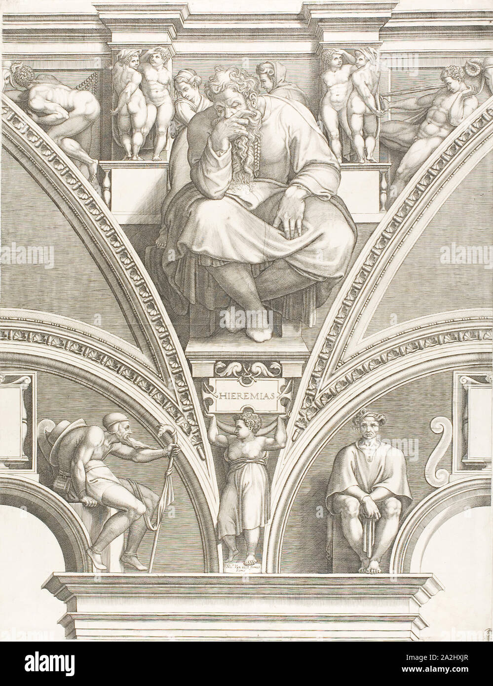 El profeta Jeremías, comienzos1570s, Giorgio Ghisi (Italiano, 1520-1582), después, el italiano Michelangelo Buonarroti (1475-1564), Italia, grabado en negro sobre papel establecido de marfil, 569 x 439 mm Foto de stock