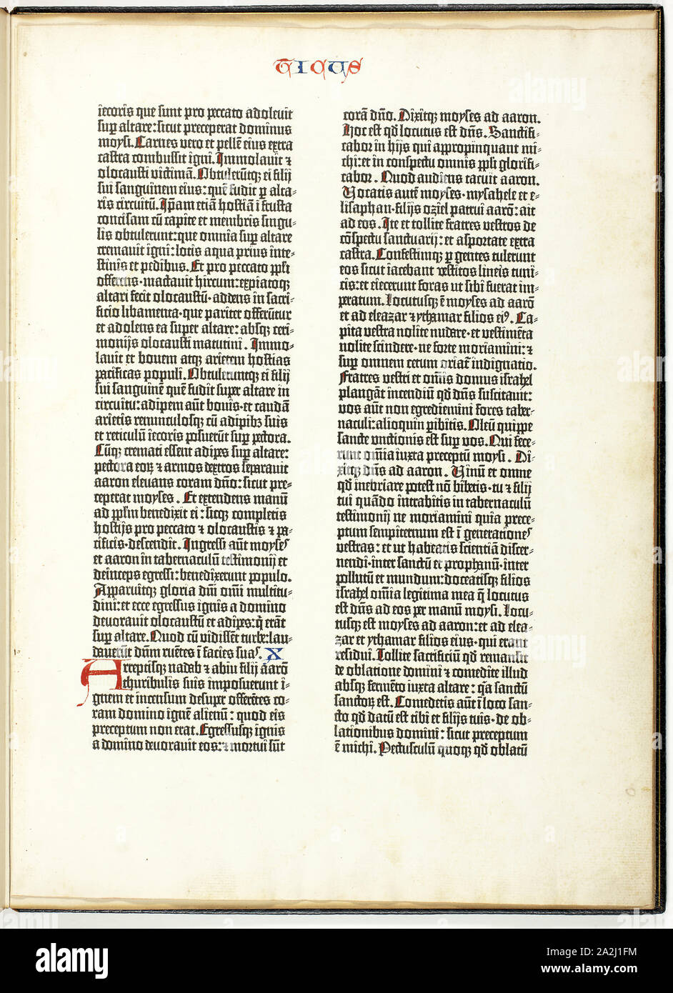 Hoja de la Biblia de Gutenberg, 1454/55, Johannes Gutenberg, Alemán, c. 1398-1468, Mainz, tipografía en negro con iniciales en rojo y azul sobre el marfil sentó el papel, 287 x 193 mm (texto), 392 x 285 mm (hoja Foto de stock