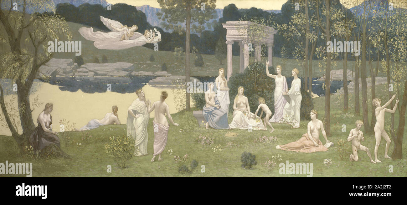 La arboleda sagrada, Amada de las Artes y las Musas, 1884/89, Pierre Puvis de Chavannes, Francés, 1824-1898, Francia, óleo sobre lienzo, 93 x 231 cm (36 × 90 7/16 15/16 Foto de stock