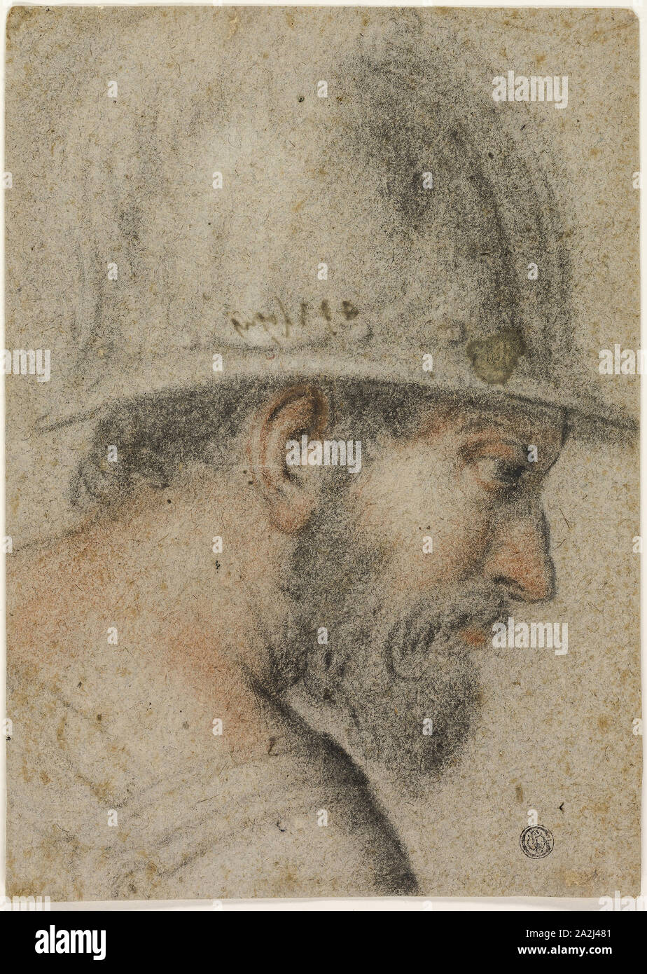 Perfil de la cabeza de un soldado con casco, 1588/96, atribuido a Gabriele  Caliari, Italiano, 1568-1631, Italia, rojo y negro tiza sobre papel puso  gris-marrón, establecidas en crema sentado el papel, 267