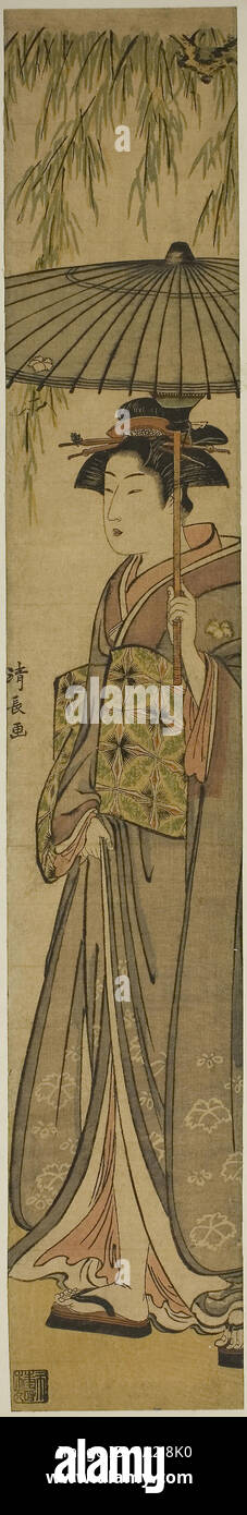 Geisha llevando una sombrilla bajo un sauce, c. 1784, Torii Kiyonaga, Japonés, 1752-1815, Japón, color, impresión de xilografía hashira-e, 70,3 x 11,6 cm. Foto de stock