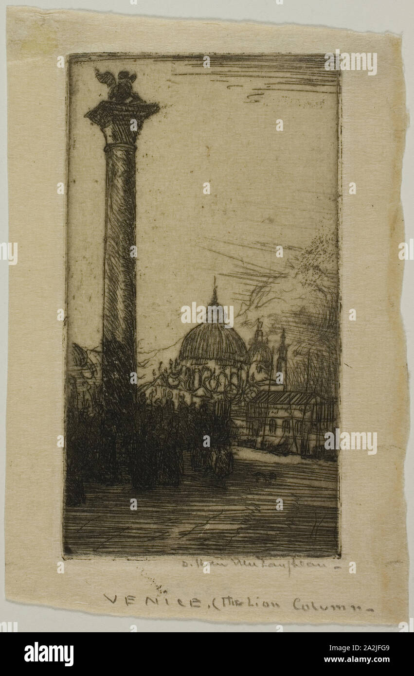 Columna de León, Venecia 1900, Donald Shaw MacLaughlan, Americano, nacido en Canadá, 1876-1938, Estados Unidos, grabado en negro sobre papel japonés, 93 x 51 mm (imagen/placa), 110 x 74 mm (hoja Foto de stock