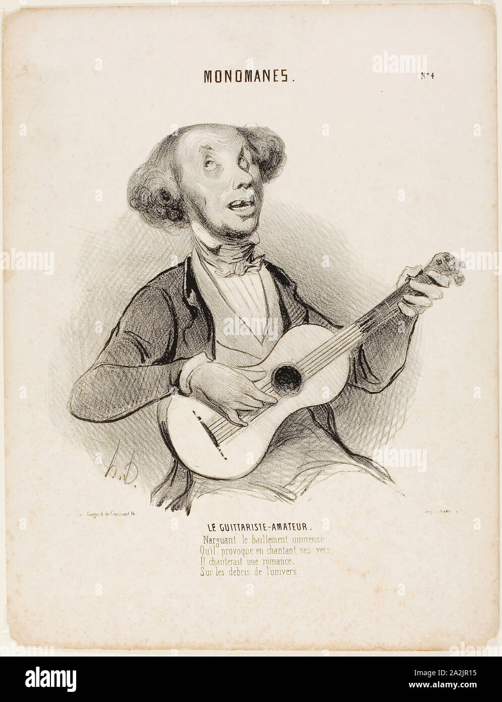 El guitarrista amateur. Desafiando todos los bostezos, como canta su verso  enclenque, iba a cantar una canción de salón, sobre las ruinas del  universo…, la placa 4 de Monomanes 1840, Honoré Victorin