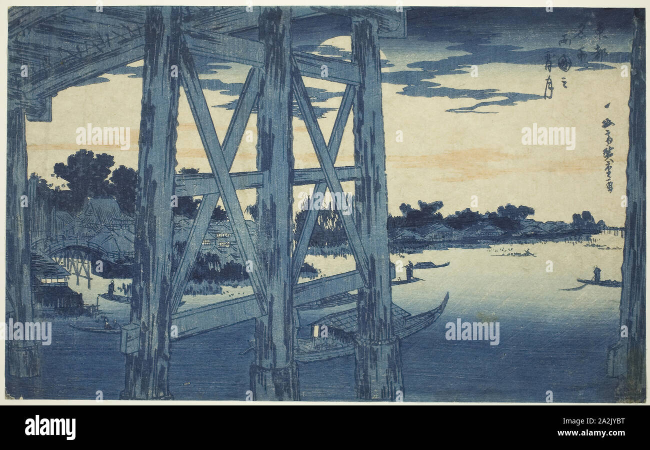 Luna al atardecer en el puente Ryogoku Ryogoku yoizuki (no), de la serie las famosas vistas de la capital oriental (Toto meisho), c. 1831, Utagawa Hiroshige 歌川 広重, Japonés, 1797-1858, Japón, grabado en madera de color, Oban, 21.2 x 34.5 cm (8 5/16 x 13 9/16 pulg. Foto de stock