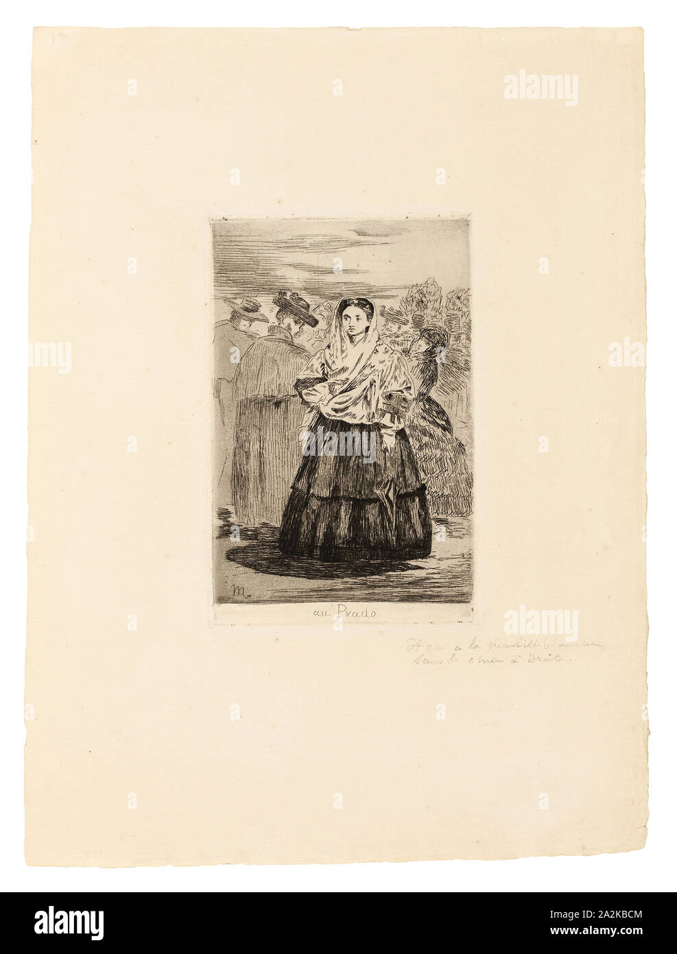 En el Prado I, 1863, Édouard Manet, Francés, 1832-1883, Francia, aguafuerte y aguatinta en negro sobre crema sentado el papel, 177 × 114 mm (imagen), 182 × 119 mm(placa), 369 × 274 mm (hoja Foto de stock