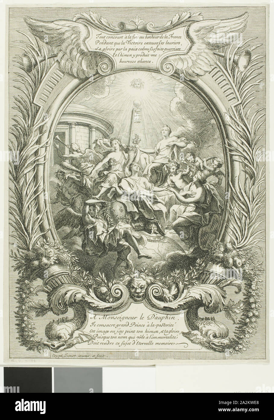 Alegoría de la gloria del Delfín, 1680, Antoine Coypel, Francés, 1661-1722, Francia, Aguafuerte sobre papel puso crema, 296 × 219 mm Foto de stock