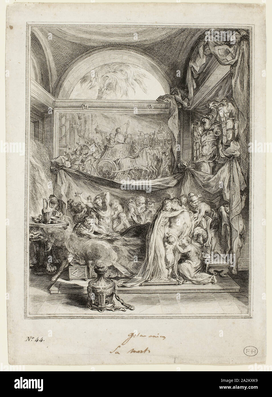 La muerte de Germánico, desde el espectáculo de l'Histoire Romaine, 1760/68, Gabriel-Jacques de Saint-Aubin, Francés, 1724-1780, Francia, grabado en negro sobre papel establecido de marfil, 212 × 162 mm (imagen), la marca de la placa no visible, 257 × 185 mm (hoja Foto de stock