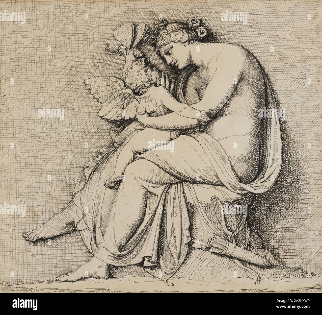 Venus y Cupido, 1789, John Deare, inglés, 1759-1798, Inglaterra, pluma y tinta negra sobre papel puso crema, 276 × 304 mm. Foto de stock