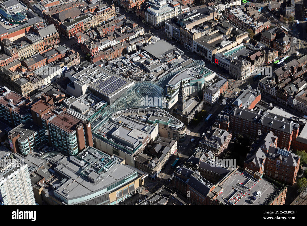 Vista aérea de Trinidad centro comercial de Leeds, West Yorkshire, Reino Unido Foto de stock