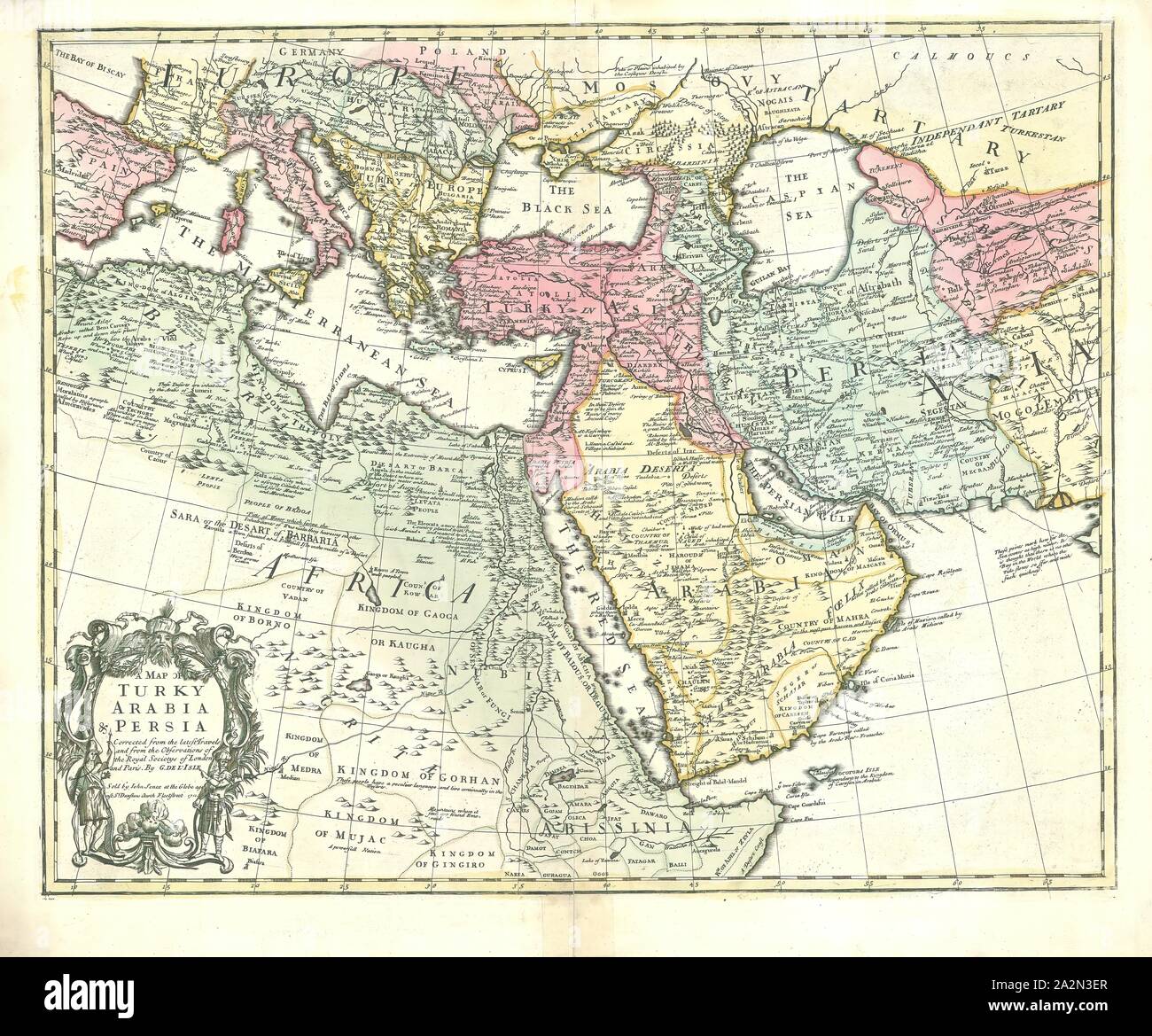 Mapa, un mapa de Turky Saudita & Persia corregido desde los últimos viajes y de las observaciones de la Royal Societys de Londres y París, Guillaume Delisle (1675-1726), Copperplate imprimir Foto de stock