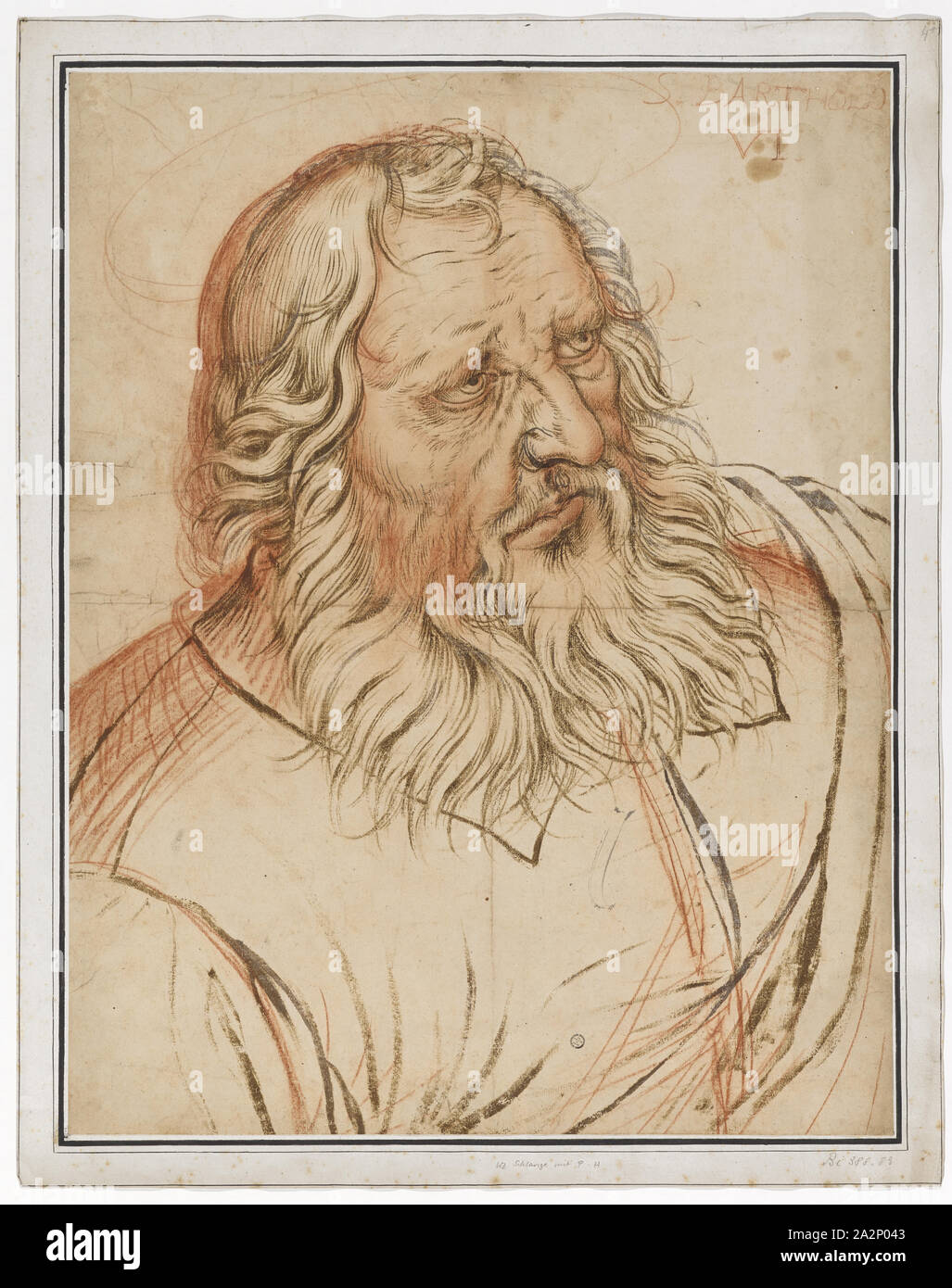 El apóstol Bartolomé, alrededor de 1585, el pincel en color marrón y gris, Tiza roja, herida firmemente, hoja: 55,2 x 42,8 cm, O. r., marcadas con tiza roja: S. BARTHOLO, VI., Hendrick Goltzius, Mühlbrecht 1558-1617 Haarlem. Foto de stock