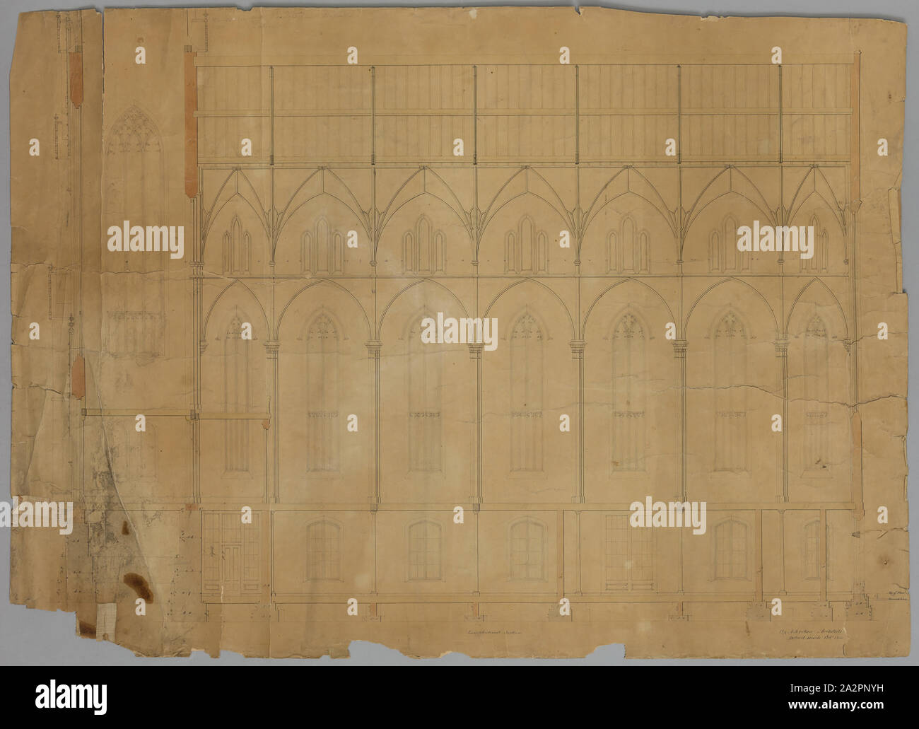 Jefferson Avenue Presbyterian Church: elevación longitudinal, 1853/1855, naranja y amarillo, lavar y lápiz y tinta negra sobre papel, 25 x 34 1/2 pulg. Foto de stock