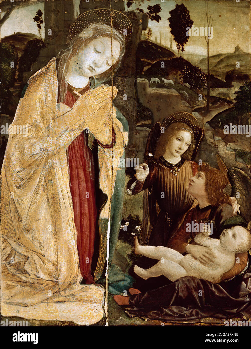 La escuela de Leonardo da Vinci, Italiano, 1452-1519, Madonna y dos ángeles  adorando al Niño Jesús, 1473-1478, pintura sobre panel de madera, sin  enmarcar: 23 5/8 x 18 1/2 pulgadas (60 × 47 cm Fotografía de stock - Alamy