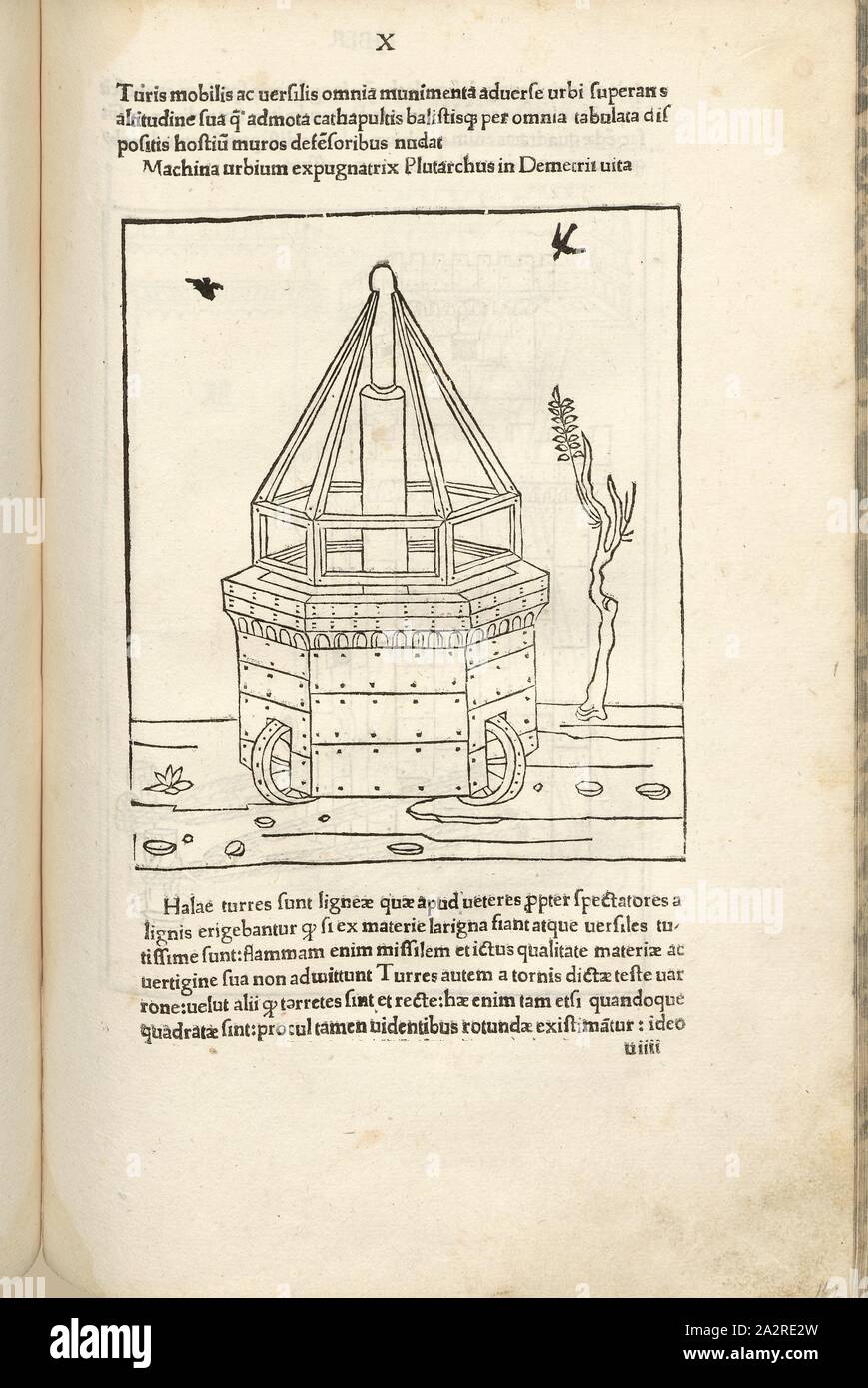 Torre móvil sobre ruedas, la guerra medieval, equipo militar, conquista Ciudad Móvil Máquina, Xilografía, S. 331, (Liber decimus), 1483, Roberto Valturio: [DE RE MILITARI]. Verona: [Boninus de Boninis], [1483 Foto de stock