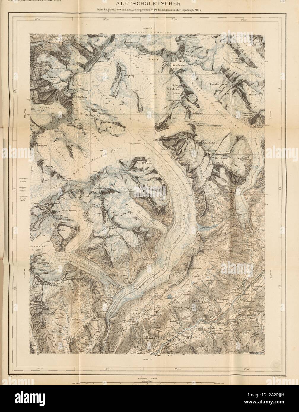 Aletschgletscher, Mapa del glaciar Aletsch desde el siglo XIX, la placa I, pág. 560, 1884, Albert Heim: Handbuch der Gletscherkunde. Stuttgart: Verlag von J. Engelhorn, 1885 Foto de stock