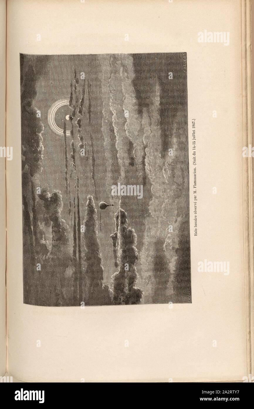 Halo Lunar observado por M. Flammarion. La noche del 14 al 15 de julio de 1867, el halo alrededor de la Luna, observó durante un vuelo por Camille Flammarion en la noche del 14 y 15 de julio de 1867, firmado: Ciceri; Sargent, Fig. 52, pág. 271, Ciceri, Eugène (Supr.); Sargent (SC), de 1870, James Glaisher; Camille Flammarion; Wilfrid de Fonvielle; Gastón Tissandier: Viajes aériens. París: Hachette, 1870 Foto de stock