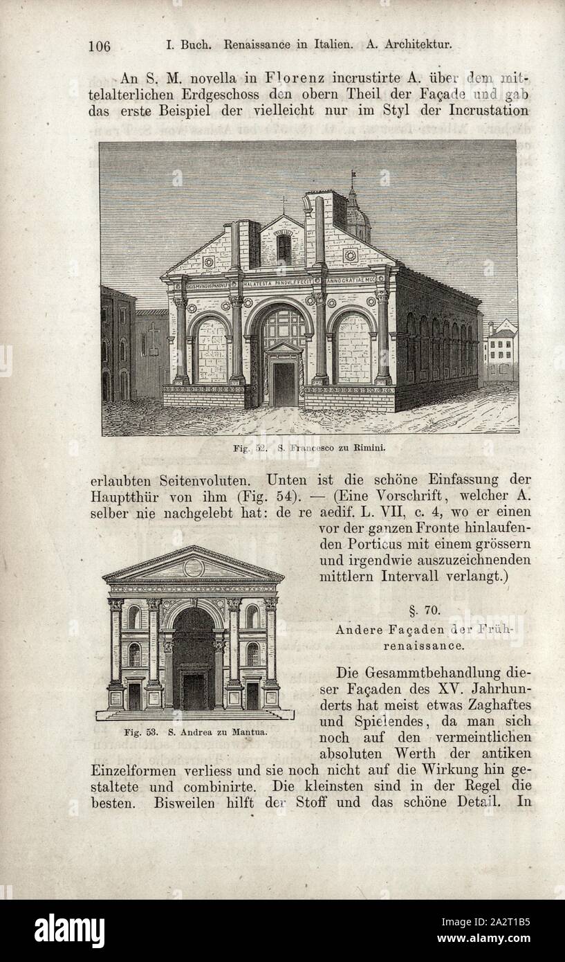 S. Francesco zu Rimini, Tempio Malatestiano en Rimini; Sant Andrea en Mantua, Fig. 52, 53, pág. 106, 1867, Jacob Burckhardt; Wilhelm Lübke: Geschichte der neueren Baukunst. Stuttgart: Verlag von Ebner & Seubert, 1867 Foto de stock