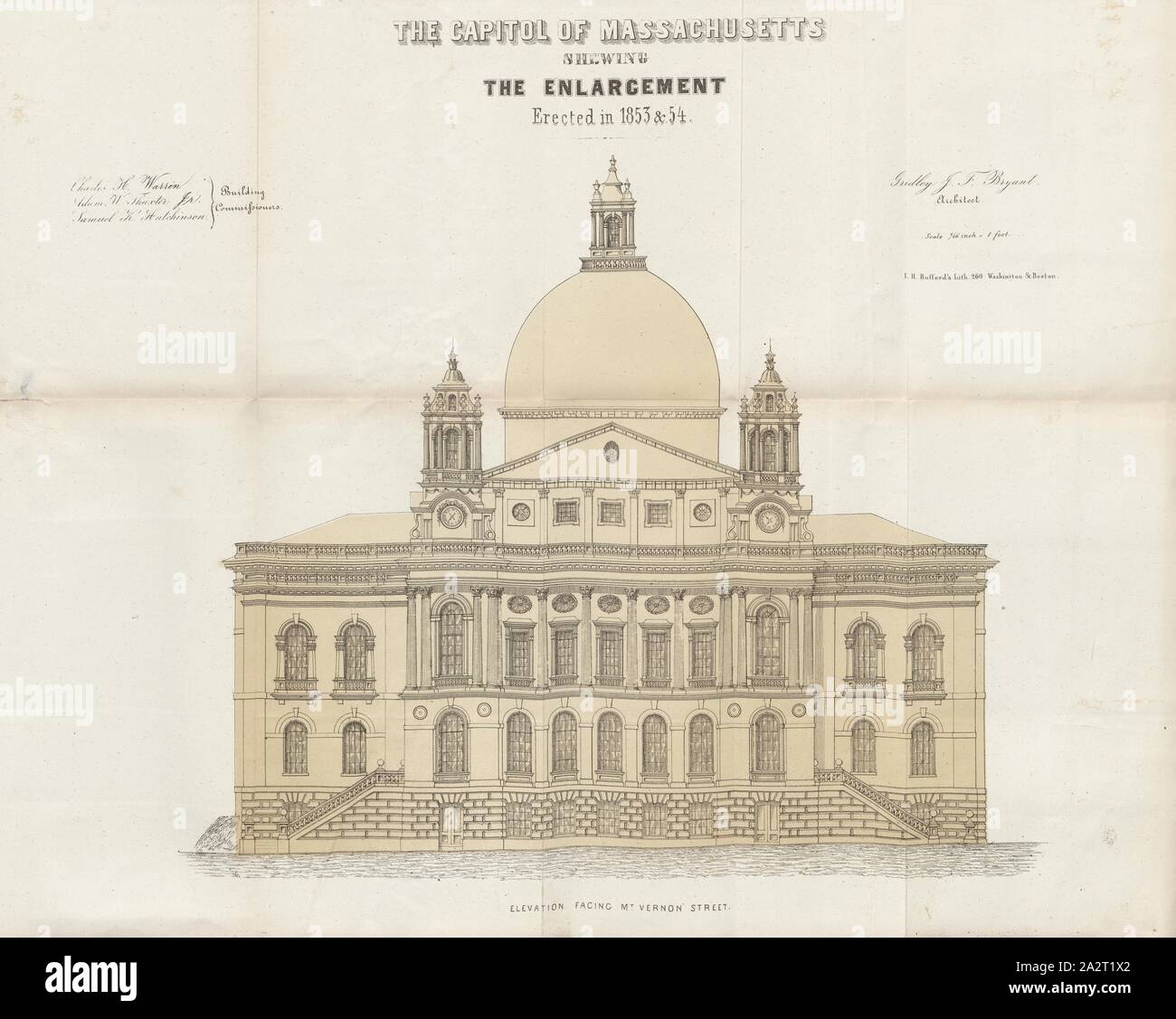 La capital de Massachusetts mostrando la ampliación erigida en 1853, el esquema de la Casa del
