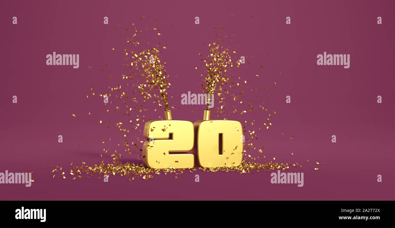 20º aniversario letras doradas sobre fondo púrpura - 3D rendering Foto de stock