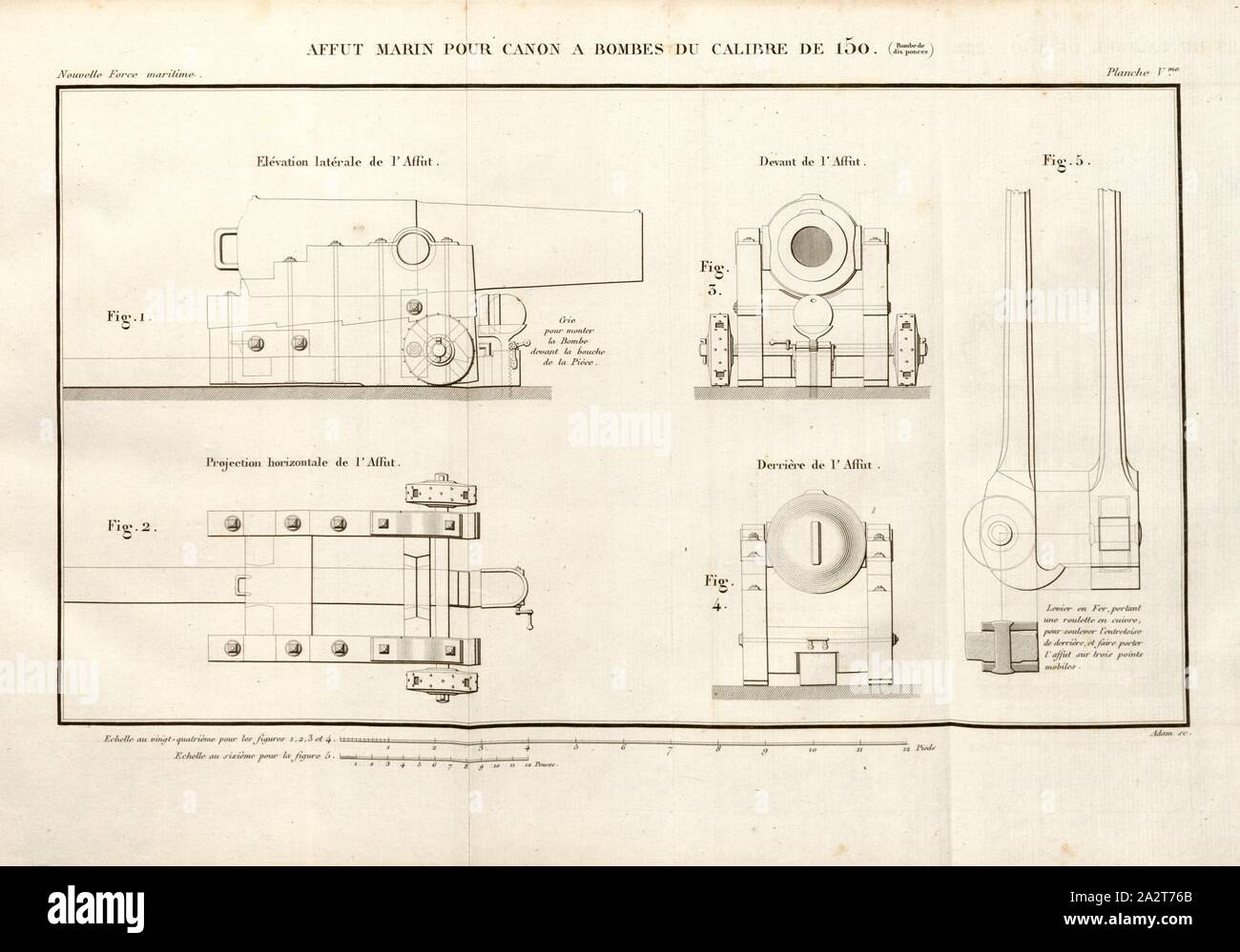 Puntería marina de calibre 150 cañones, cañones, firmado: Adam sc, Planche V, a partir de la pág. 446, Adam (SC), Henri-Joseph Paixhans: Nouvelle fuerza marítima, aplicación de cette fuerza et à quelques parties du service de l'Armée de terre: ou Essai sur l'état actuel des moyens de la fuerza; marítima sur une nouvelle d'Artillerie espèce de mer, qui détruirait promptement les vaisseaux de Haut-bord; sur la construcción de navires à voile et à vapeur, de grandeur modérée, qui, armés de cette artillerie, donneraient une marine moins couteuse et plus puissante que celles existantes; et sur la fuerza que Foto de stock