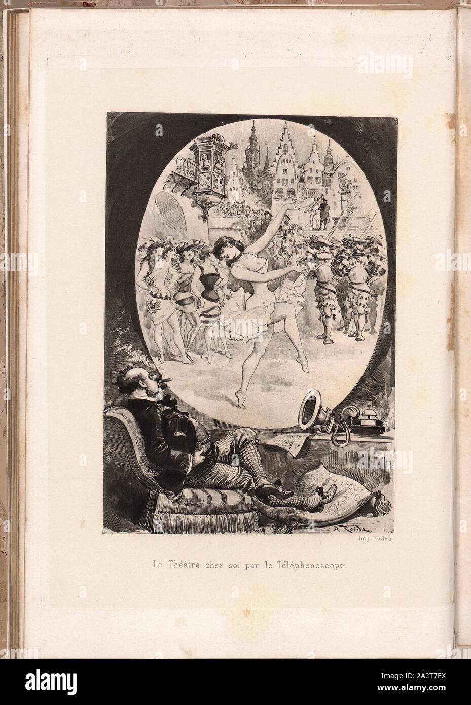 Teatro en casa por Telephonoscope, Ilustración de un dispositivo para la proyección de una obra en su casa del siglo xix, firmado: Imp. Eudes, Fig. 1, según p. 56, Albert Robida; Eudes (IMP), 1883, Albert Robida: Le vingtième siècle. París: Georges Decaux [...], 1883 Foto de stock