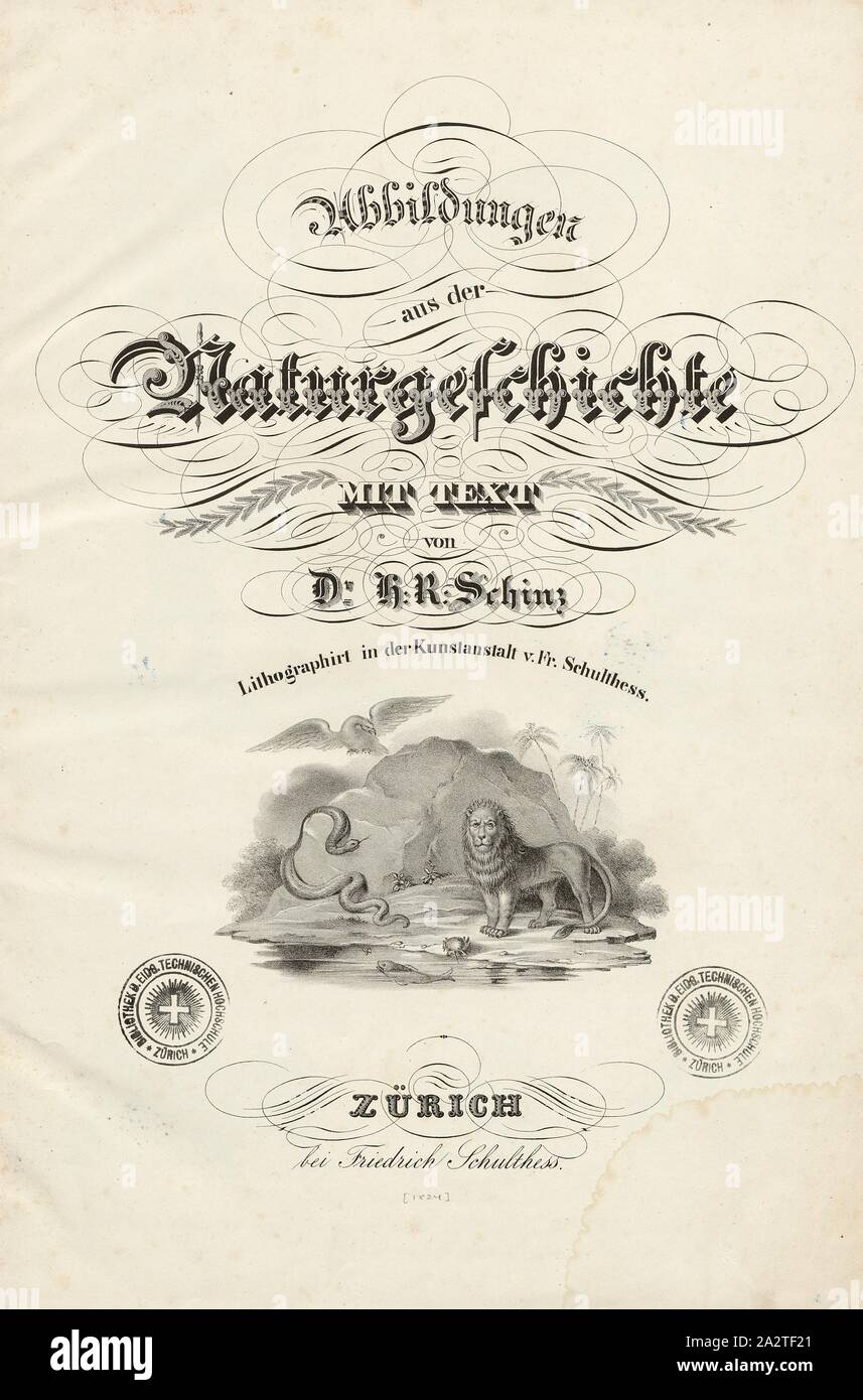 Página de título en 'Ilustraciones de Historia Natural", las diferentes especies, la página de título, Heinrich Rudolf Schinz: Abbildungen aus der Naturgeschichte. Zürich: bei Friedrich Schulthess, [1824 Foto de stock