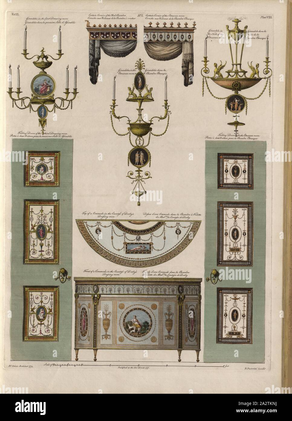 La Casa del Conde de Derby, Ilustración de diversas piezas de mobiliario, así como adornos y velas en la casa del Conde de Derby del siglo XVIII, firmado: Rt. Adam Arquitecto 1774, B. incidit Pastorini, Pl. VIII, pág. 29, Adam, Robert (arquitecto); Pastorini, B. (Inc.), Robert Adam: Las obras en la arquitectura de Robert y James Adam. El volumen II. Londres: impresos para los autores, 1778-1779 Foto de stock